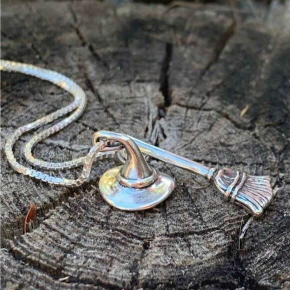 Goth Necklace Witch’s Broom & Hat, Silver Color, Engraved Design Layering Piece - Picture 2 of 5